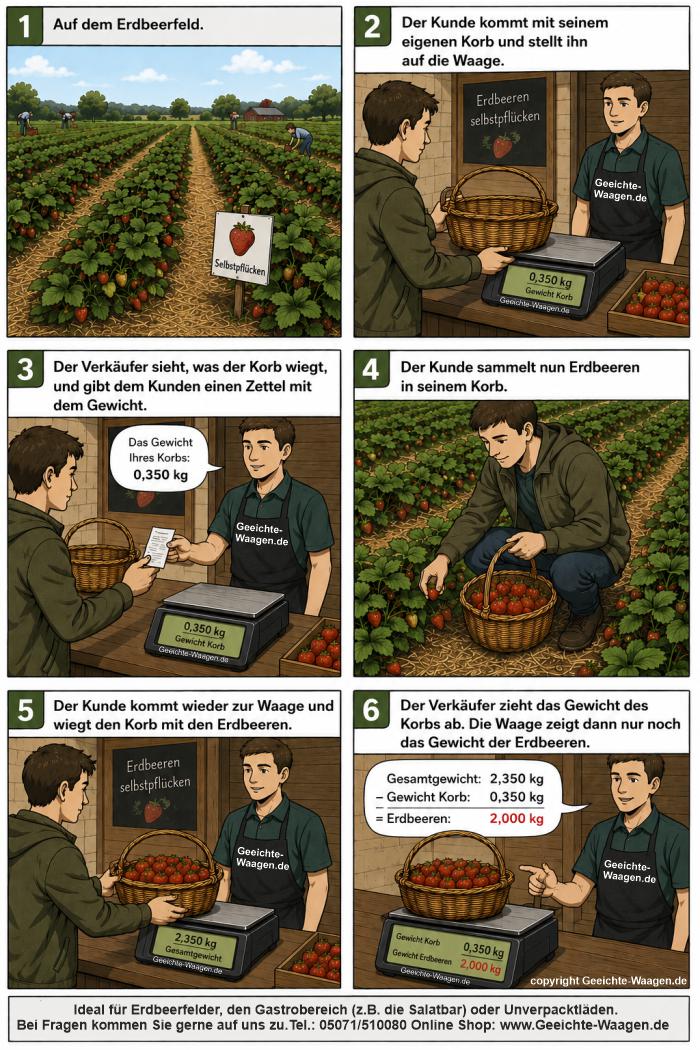 Erklärungsgrafik: Zeigt den Ablauf auf dem Erdbeerfeld- Kunde sammelt Erdbeeren im eigenen Korb. Das Korbgewicht wird an der Waage abgezogen.
