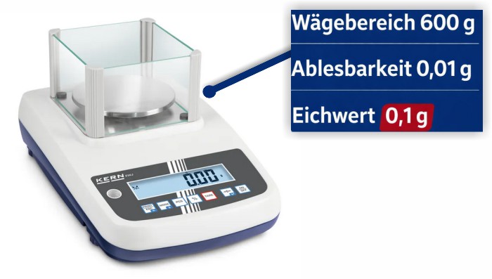 Geeichte Waage mit 0.1g Eichwert nach Fertigpackungsverordnung