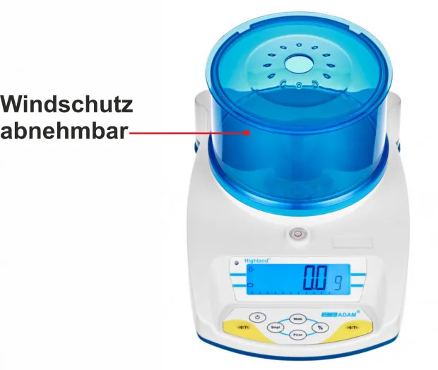 Abbildung zeigt abnehmbaren Windschutz an der AE ADAM Waage Modell HCB602M mit Eichung