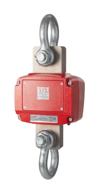 Ansicht zeigt Rückseite der KERN Kranwaage mit Typenschild und CE Rückseite Kranwaage HFD 3T-3M