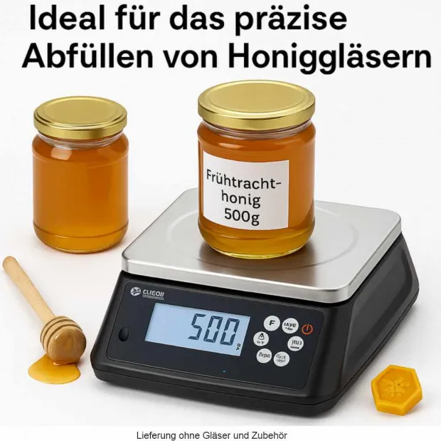 MIt dieser Waage füllen die geeicht Honig ab