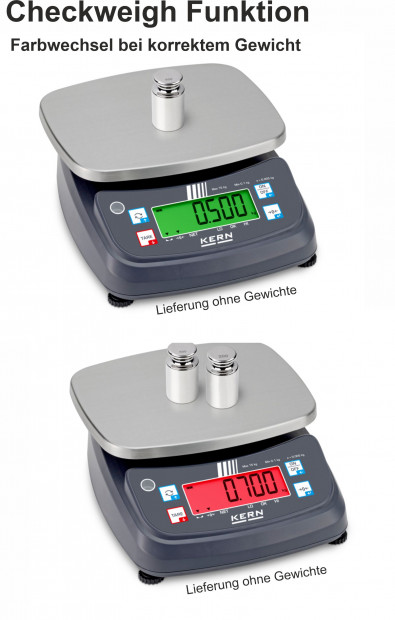 Checkweigh Funktion- Waage zeigt grün bei korrektem Gewicht und rot bei unkorrektem Gewicht an