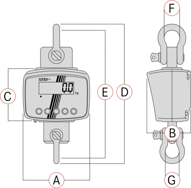 Technische Zeichnung der KERN Kranwaage mit allen Details
