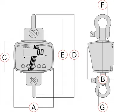 Technische Zeichnung der KERN Kranwaage mit allen Details